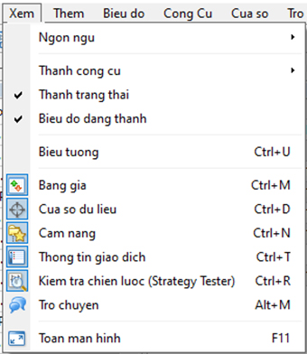 Các mục trong menu hiển thị