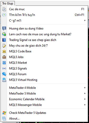 Các mục trong menu Trợ giúp
