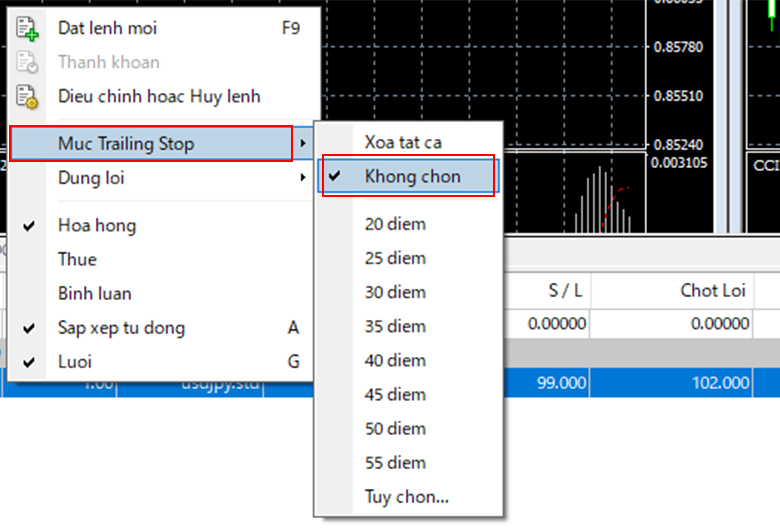 Cách hủy lệnh Trailing Stop.