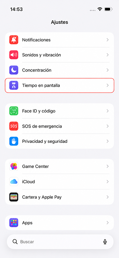 Seleccionar Tiempo en pantalla desde Ajustes