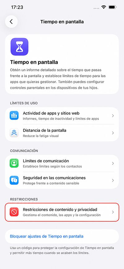 Seleccionar Restricciones de contenido y privacidad