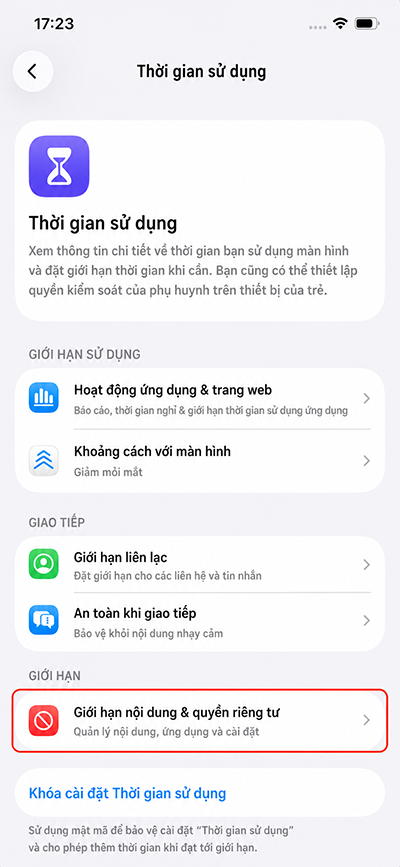 Chọn Giới hạn nội dung và quyền riêng tư