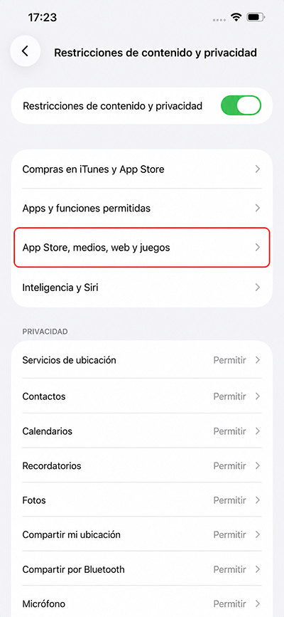 Seleccionar App Store, contenido multimedia, web y juegos