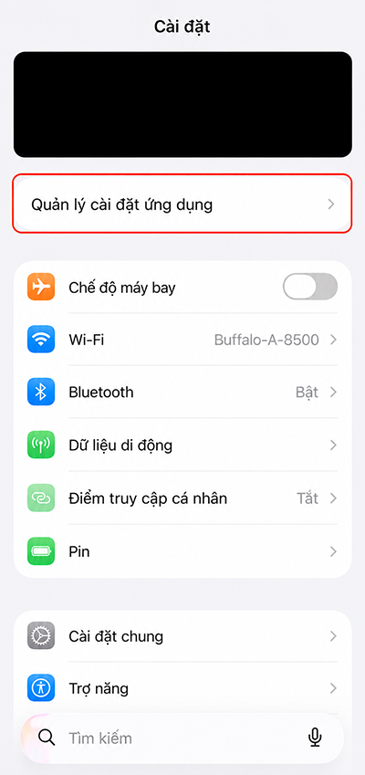 Chạm vào Quản lý cài đặt ứng dụng