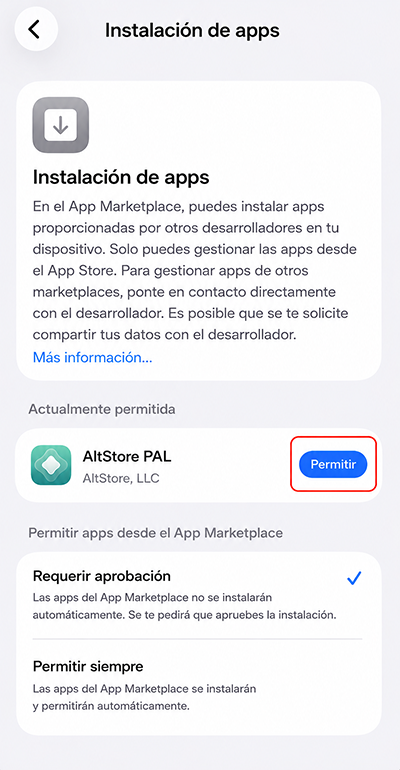 Tocar Permitir para instalar AltStore PAL