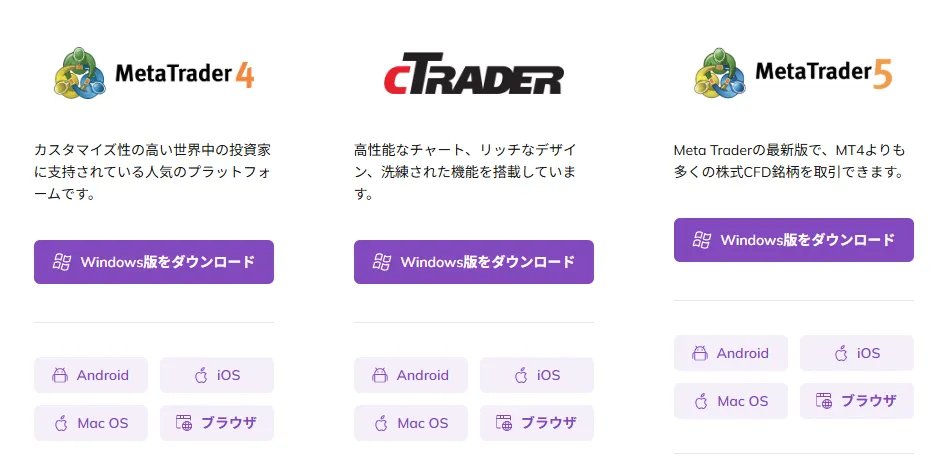 AXIORY(アキシオリー)のプラットフォームダウンロード画面