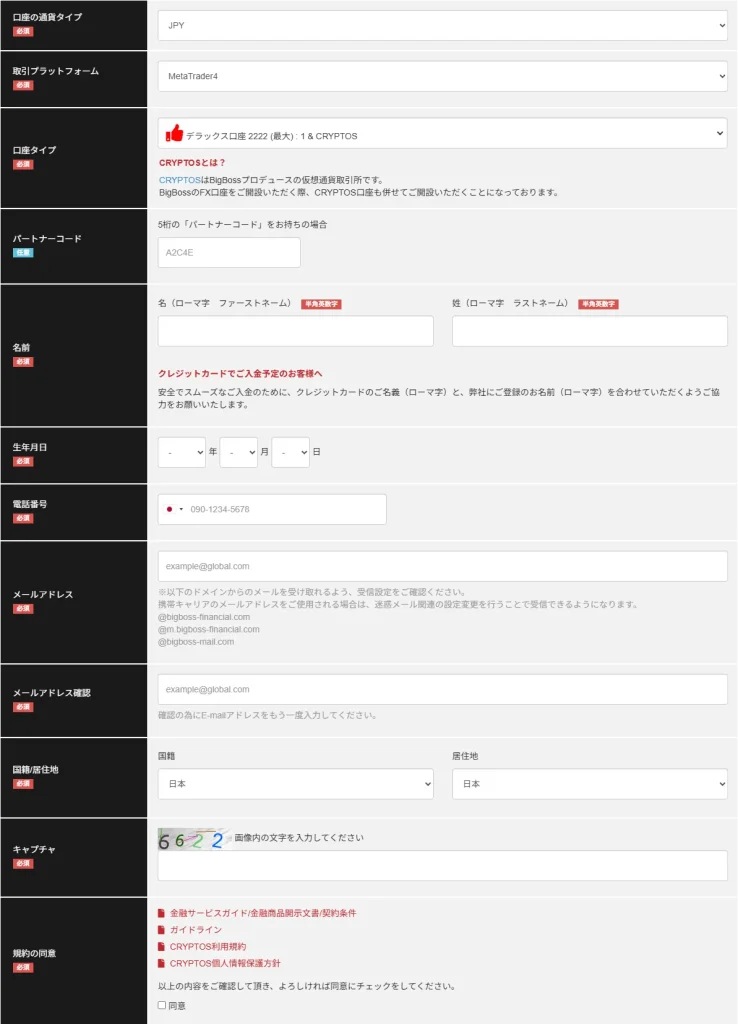bigbossの口座開設フォーム画像