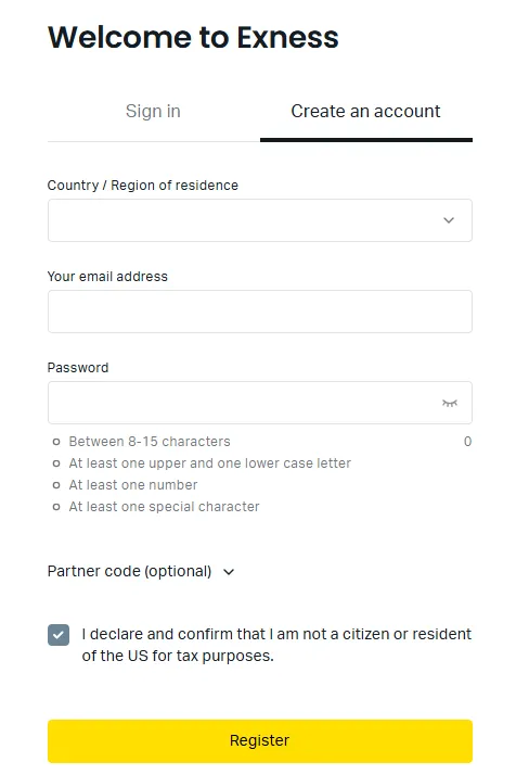 Exnessの口座開設ページ