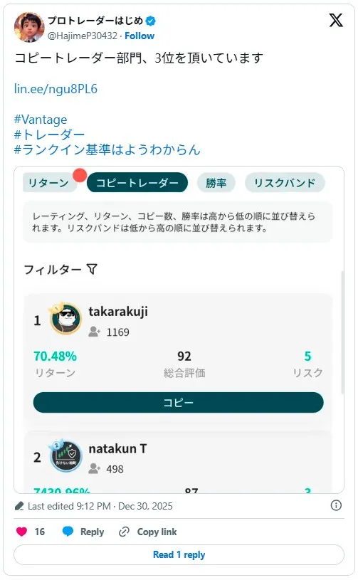 Vantage Tradingのコピートレードで自らプロバイダーになっているトレーダーからの口コミ