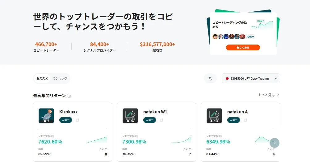 Vantage Tradingのコピートレード設定画面