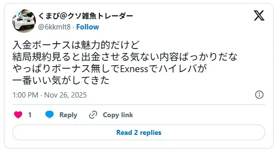 Exnessにボーナスがない点を理解した上でハイレバを高く評価する口コミ