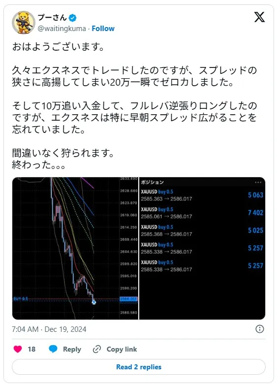 Exnessの早朝スプレッド拡大を忘れていたというFXトレーダーからの口コミ