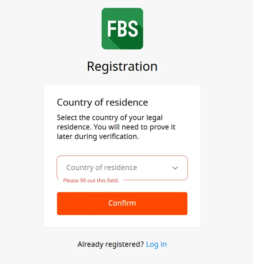 FBS口座開設の居住国選択画面