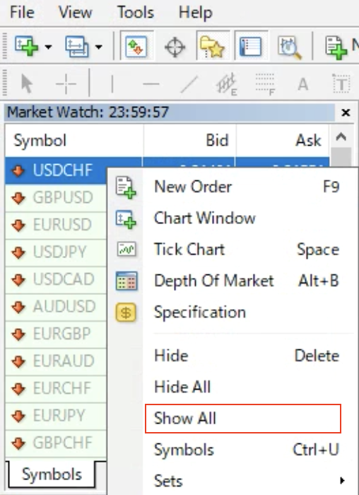  ① Right-click on the MT4 quote 
